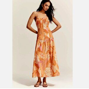 Farm Rio x Anthropologie Linen Blend Drop-Waist Maxi Dress Sundress L NWT Parrot